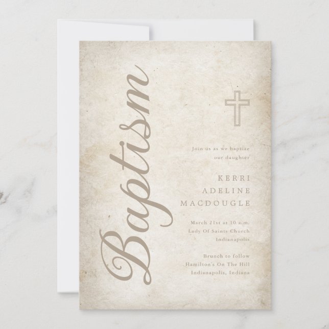 Elegant Gold Script Aged Parchment Baptism Invitation (Front)