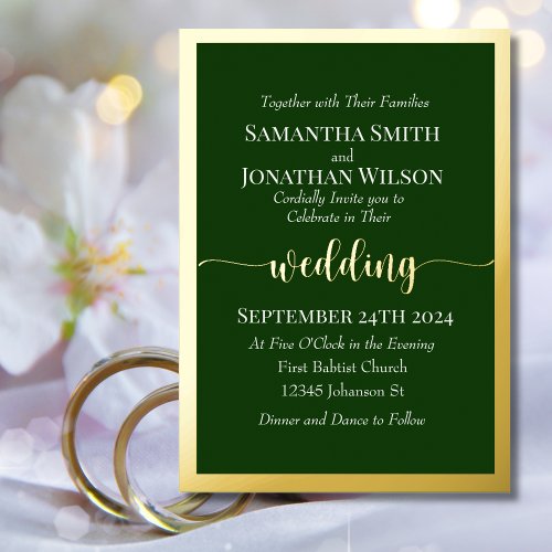 Elegant Gold Script and Frame on Green Wedding  Foil Invitation