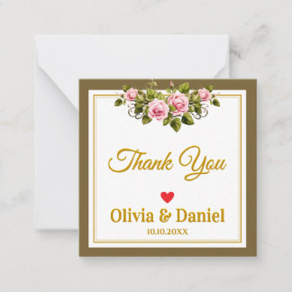 Elegant Gold Script and Pink Floral Thank You Note Card