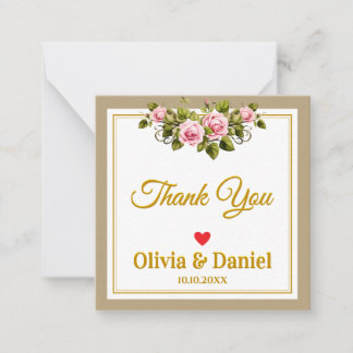 Elegant Gold Script and Pink Floral Thank You Note Card