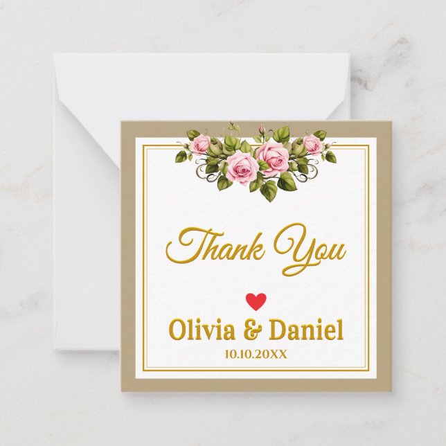 Elegant Gold Script and Pink Floral Thank You Note Card (Front)