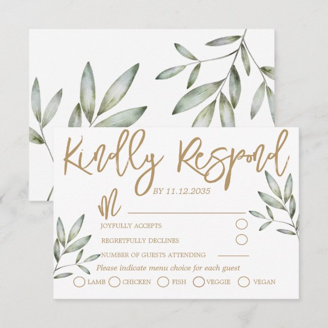 Elegant Gold Script and Sage Green Foliage Wedding RSVP Card (Front/Back)