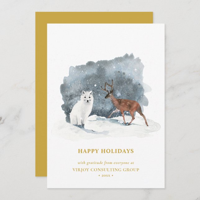Elegant Gold Script Arctic Winter Business Holiday Card (Front/Back)