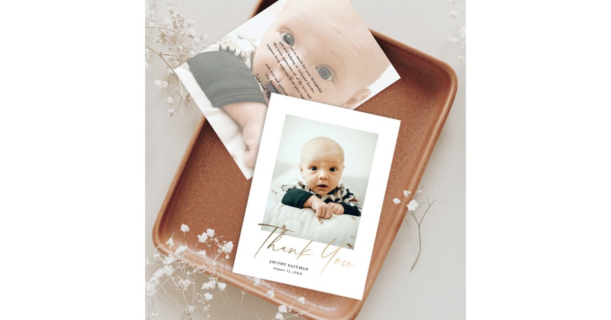 Elegant Gold Script Baby Photo Thank You Card | Zazzle
