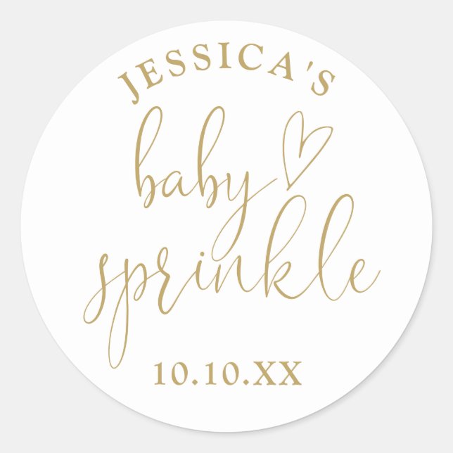 Elegant Gold Script Baby Sprinkle Shower Favor Classic Round Sticker (Front)