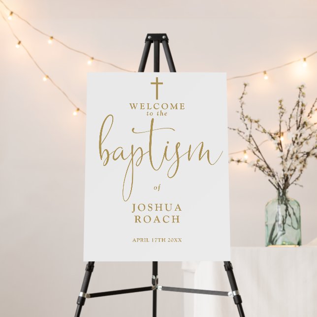 Elegant Gold Script Baptism Welcome Sign (In Situ (Stand))