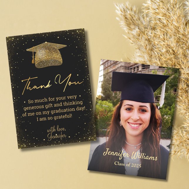 Elegant Gold Script Black Graduation Photo Thank You Card (Creator Uploaded)