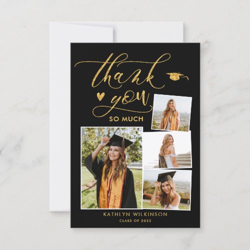 Elegant Gold Script Black Graduation Thank You Invitation