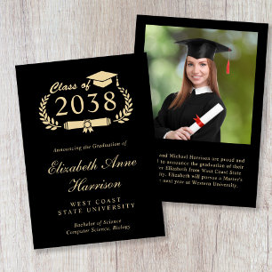 Elegant Gold Script Black Photo College Graduation Announcement