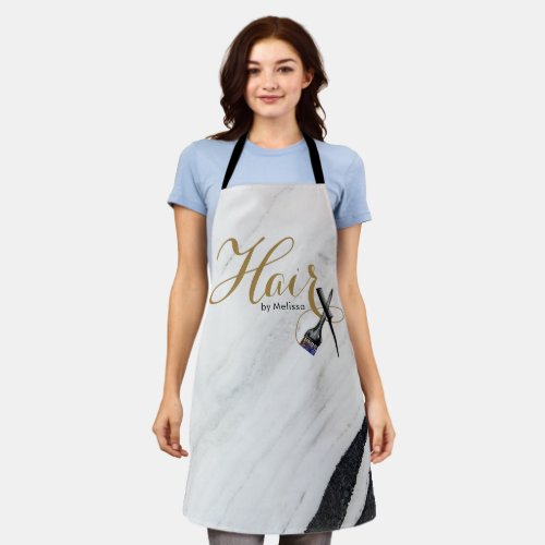 Elegant Gold Script Black White Marble Hair by You Apron