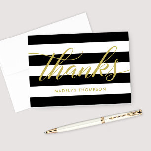 Elegant Gold Script Black White Stripes Thank You Card