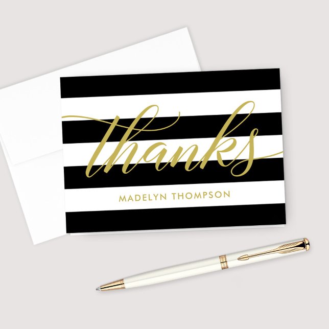 Elegant Gold Script Black White Stripes Thank You Card (Creator Uploaded)