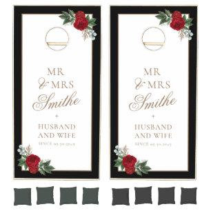 Elegant Gold Script Black & White Wedding Cornhole Set