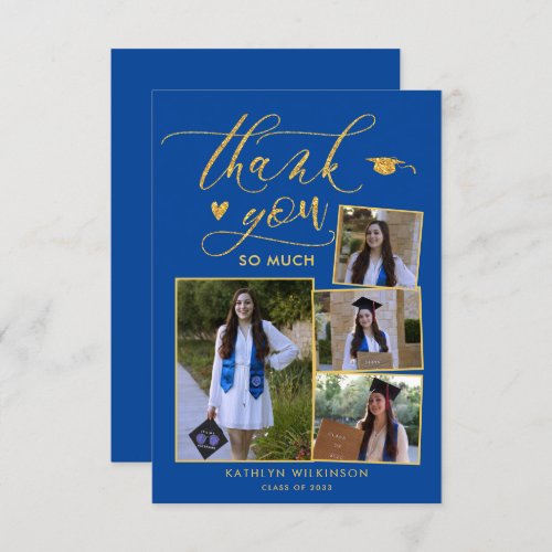 Elegant Gold Script Blue 4 Photo Graduation Thank You Card