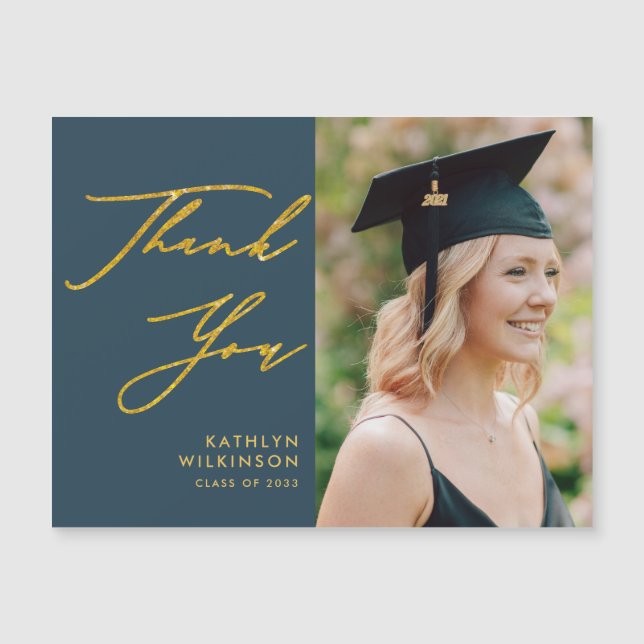 Elegant Gold Script Blue Chic Graduation Thank You (Front)