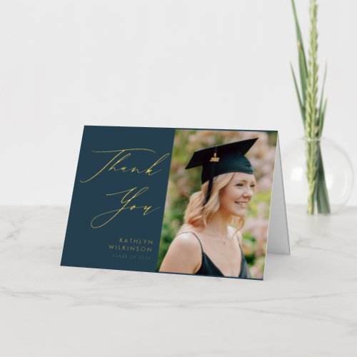 Elegant Gold Script Blue Chic Graduation Thank You Foil Greeting Card