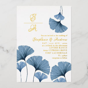 Elegant Gold Script Blue Leaf Wedding Invitation Foil Invitation