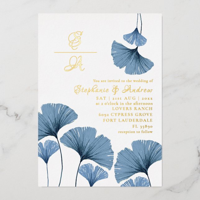 Elegant Gold Script Blue Leaf Wedding Invitation Foil Invitation (Front)