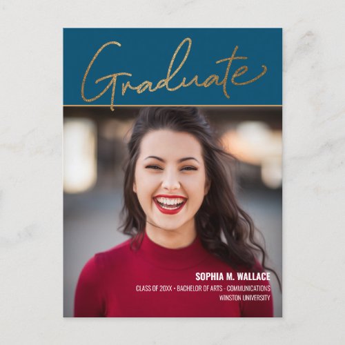 Elegant Gold Script Blue Photo University Graduate Announcement Postcard