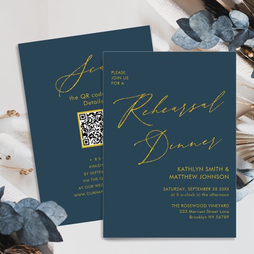 Elegant Gold Script Blue Rehearsal Dinner QR Invitation