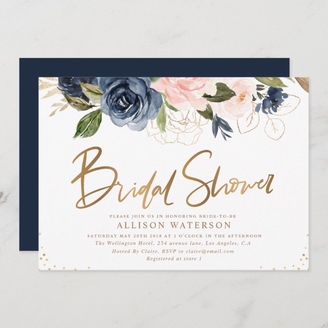 Elegant gold script blush & navy bridal shower invitation