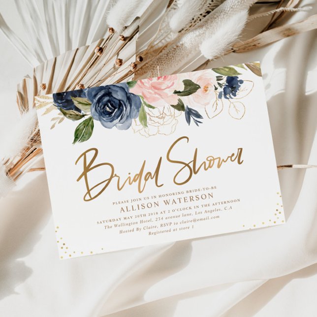Elegant gold script blush & navy bridal shower invitation (Creator Uploaded)