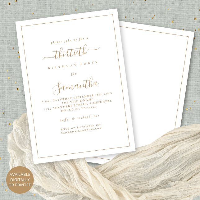 Elegant Gold Script Border 30th Birthday Party Invitation (Front and back view. Available digitally or printed.)