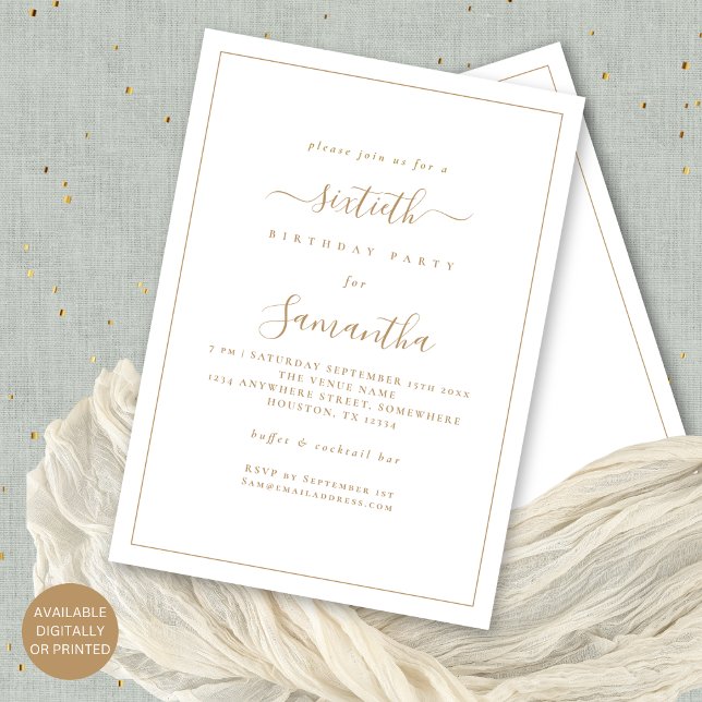 Elegant Gold Script Border 60th Birthday Party Invitation (Front and back view. Available digitally or printed.)