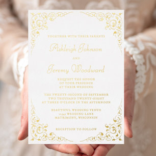 Elegant Gold Script Botanical Frame Wedding Foil Invitation