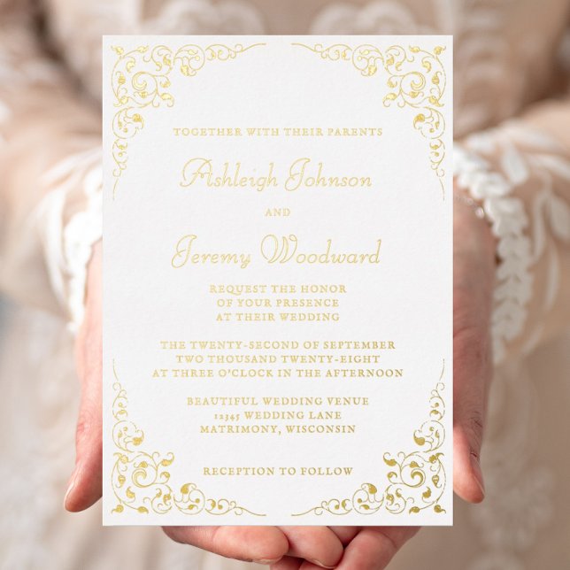 Elegant Gold Script Botanical Frame Wedding Foil Invitation (Creator Uploaded)