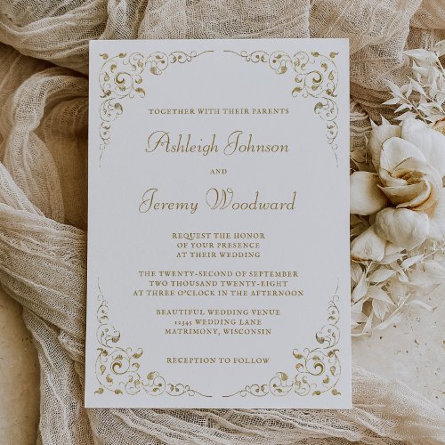 Elegant Gold Script Botanical Frame Wedding Invitation