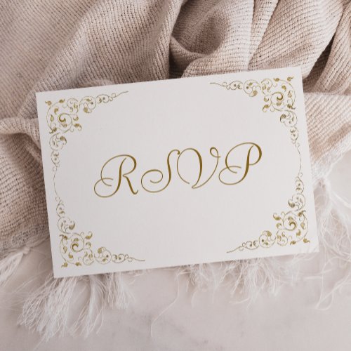 Elegant Gold Script Botanical Frame Wedding RSVP Card