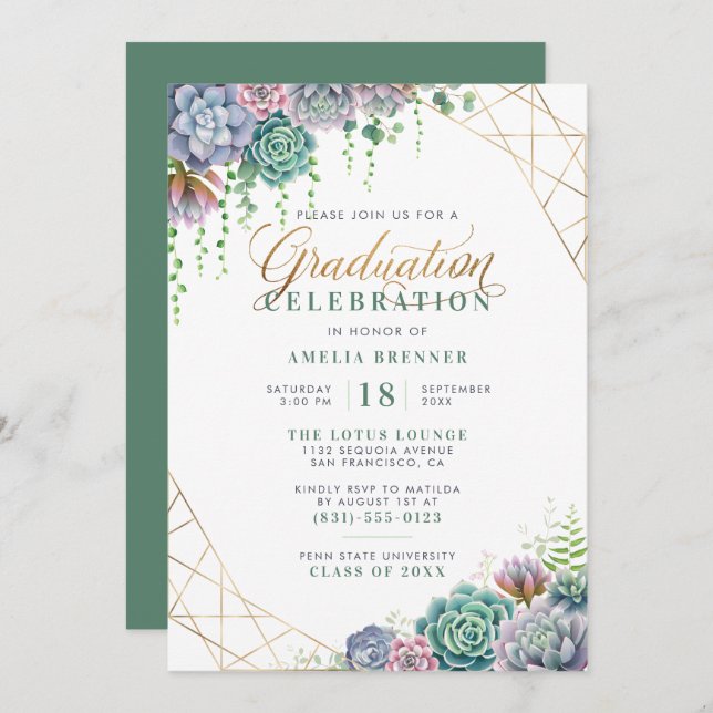 Elegant Gold Script Botanical Graduation Party Invitation (Front/Back)
