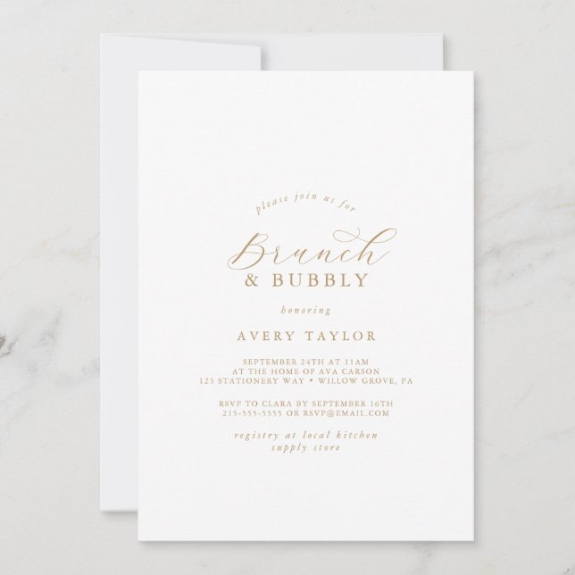 Elegant Gold Script Brunch & Bubbly Bridal Shower Invitation (Front)