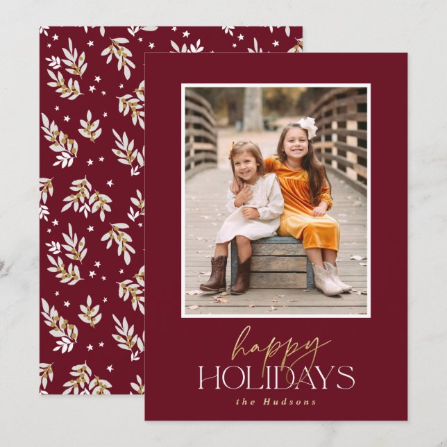 Elegant Gold Script Burgundy Calligraphy Photo Holiday Card (Front/Back)