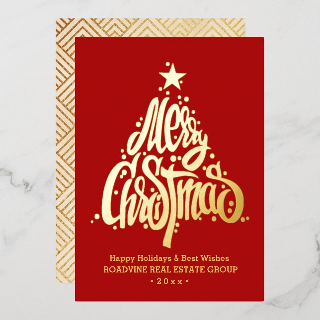 Elegant Gold Script Business Christmas Foil Holiday Card (Front/Back)
