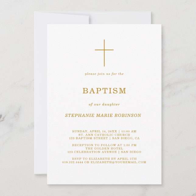 Elegant Gold Script Calligraphy Cross Baptism Invitation (Front)