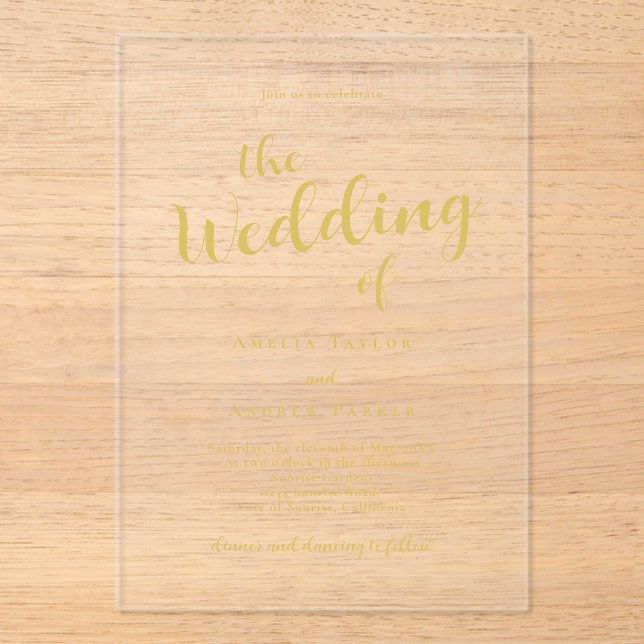 Elegant Gold Script Calligraphy Minimal Wedding Acrylic Invitations (Front)