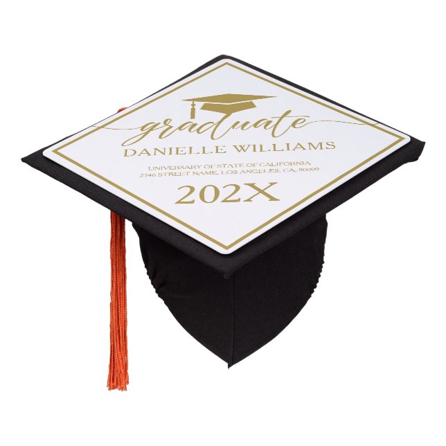 Elegant Gold Script Calligraphy On White Graduation Cap Topper (Angled)
