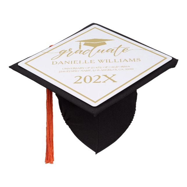 Elegant Gold Script Calligraphy On White Graduation Cap Topper (Angled)