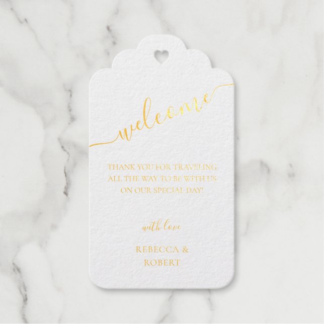 Elegant Gold Script Calligraphy Wedding Welcome Foil Gift Tags (Front)