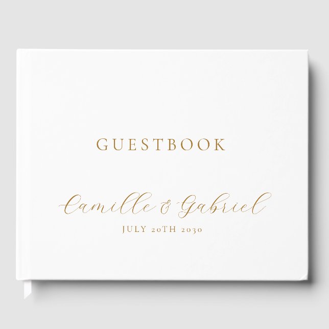 Elegant Gold Script Calligraphy White Wedding Guest Book (Front)