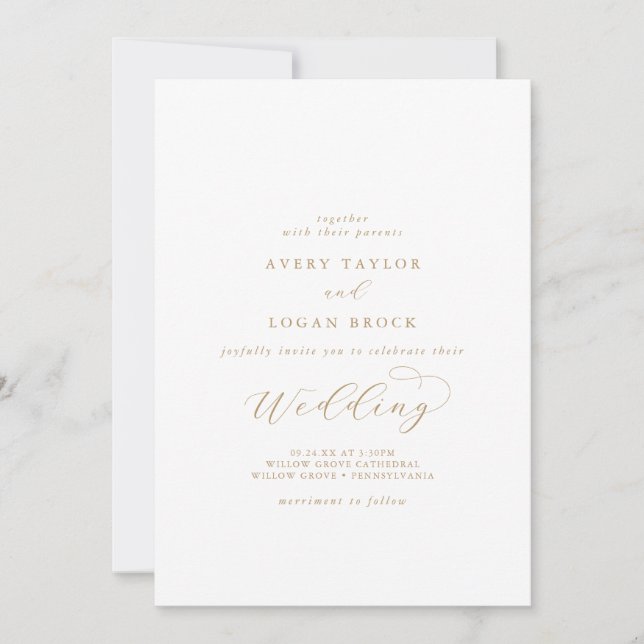 Elegant Gold Script Casual Couple & Family Wedding Invitation (Front)