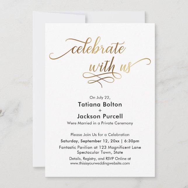 Elegant Gold Script Celebrate with Us Reception Invitation (Front)