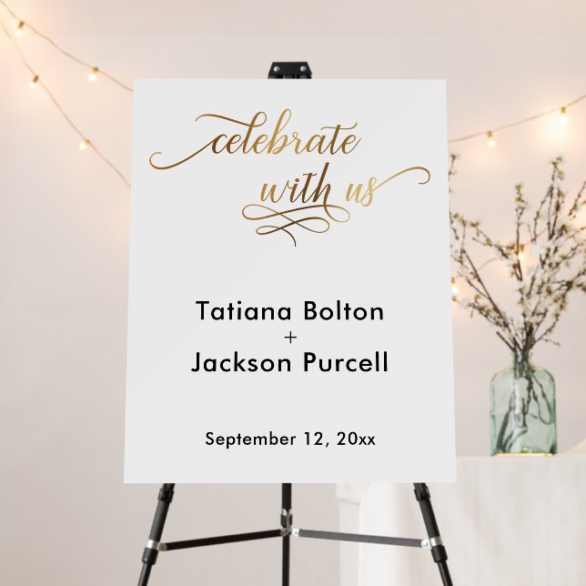 Elegant Gold Script Celebrate with Us Wedding Foam Board (In Situ (Stand))