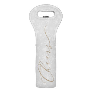 Elegant Gold Script CHEERS on Snowflakes Wine Bag