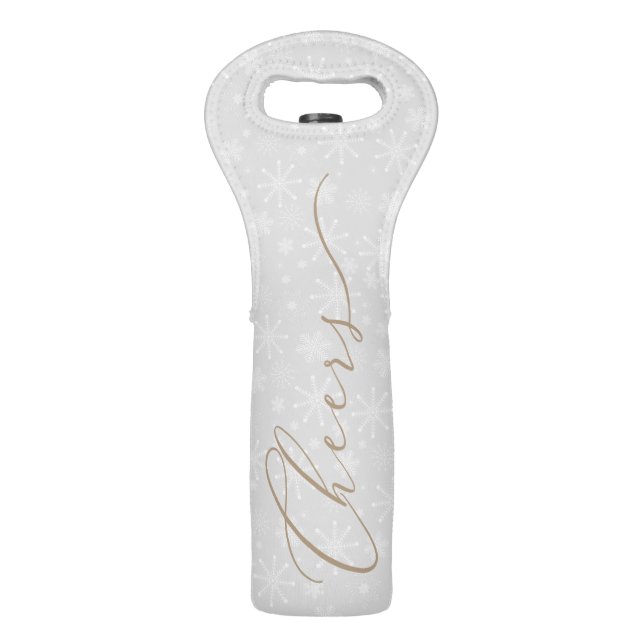 Elegant Gold Script CHEERS on Snowflakes Wine Bag (Front)