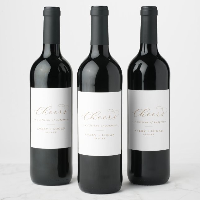 Elegant Gold Script Cheers Wedding Wine Labels (Bottles)