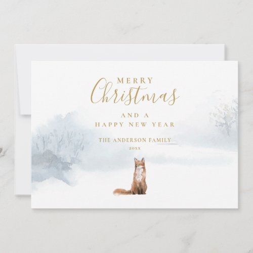 Elegant Gold Script Christmas Winter Fox Holiday Card