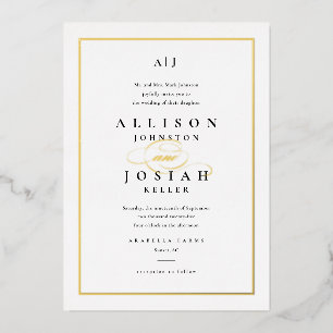 Elegant Gold Script Classic White Wedding Foil Invitation
